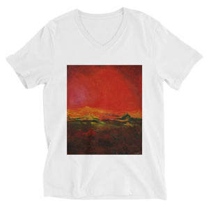 Unisex Short Sleeve V-Neck T-Shirt with "World on Fire" Artwork