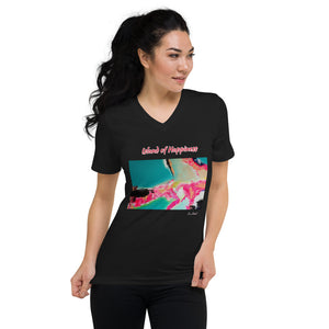 Unisex Short Sleeve V-Neck T-Shirt with "Island of Happiness" Artwork