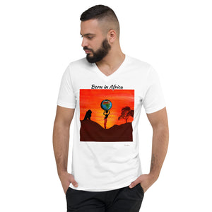 Unisex Short Sleeve V-Neck T-Shirt with "Born in Africa" Artwork and Title