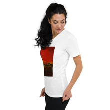 Load image into Gallery viewer, Unisex Short Sleeve V-Neck T-Shirt with &quot;World on Fire&quot; Artwork and Title