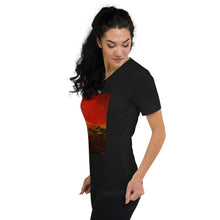 Load image into Gallery viewer, Unisex Short Sleeve V-Neck T-Shirt with &quot;World on Fire&quot; Artwork and Title