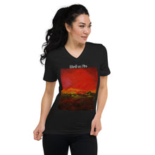 Load image into Gallery viewer, Unisex Short Sleeve V-Neck T-Shirt with &quot;World on Fire&quot; Artwork and Title