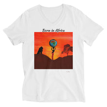 Load image into Gallery viewer, Unisex Short Sleeve V-Neck T-Shirt with &quot;Born in Africa&quot; Artwork and Title