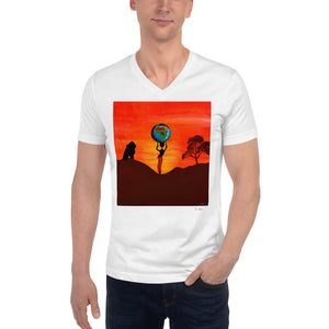 Unisex Short Sleeve V-Neck T-Shirt with "Born in Africa" Artwork