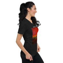 Load image into Gallery viewer, Unisex Short Sleeve V-Neck T-Shirt with &quot;World on Fire&quot; Artwork and Title